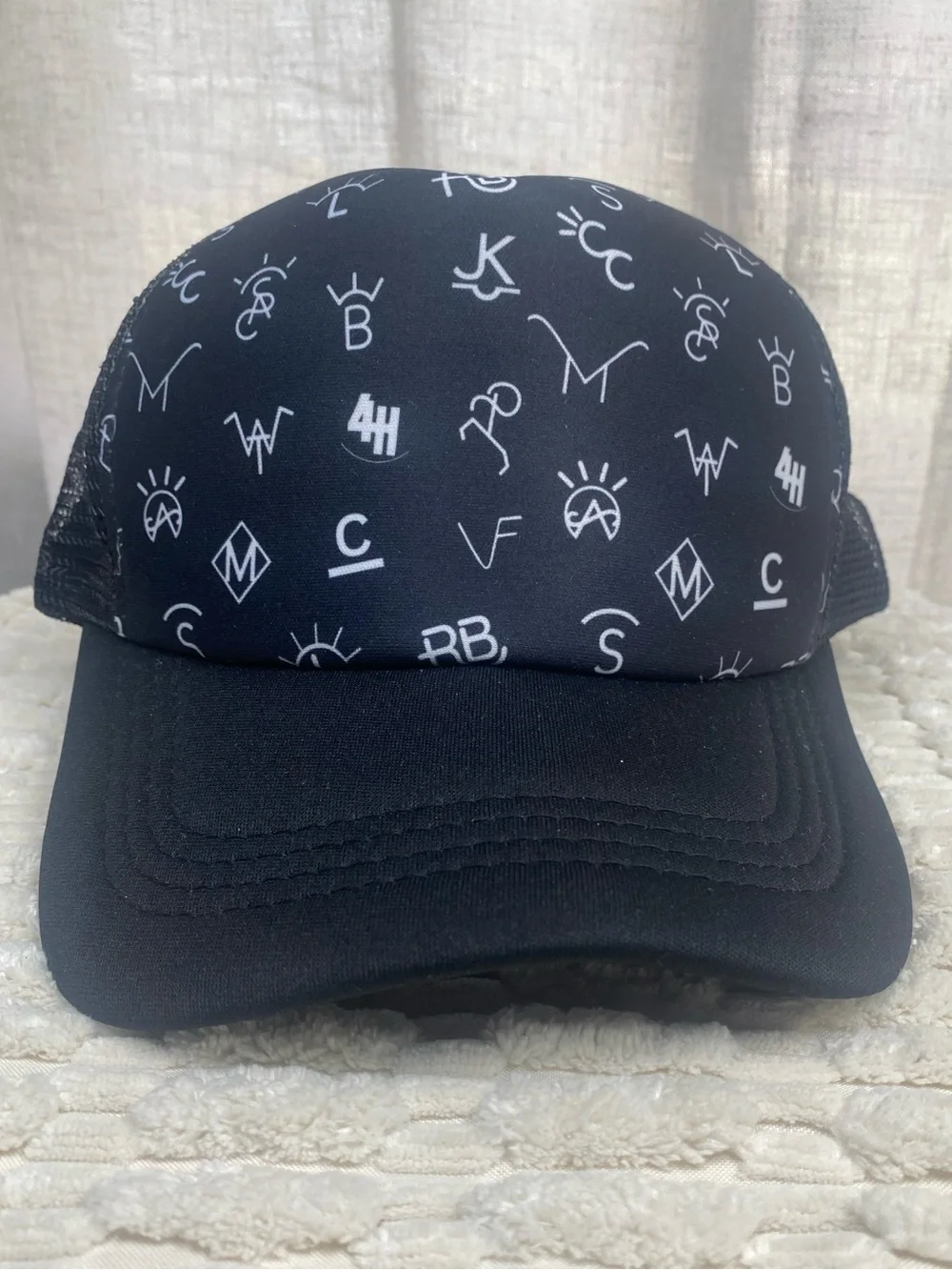 Western Cattle Brands Trucker Hat Black White All Over Print Mesh Snapback Cap
